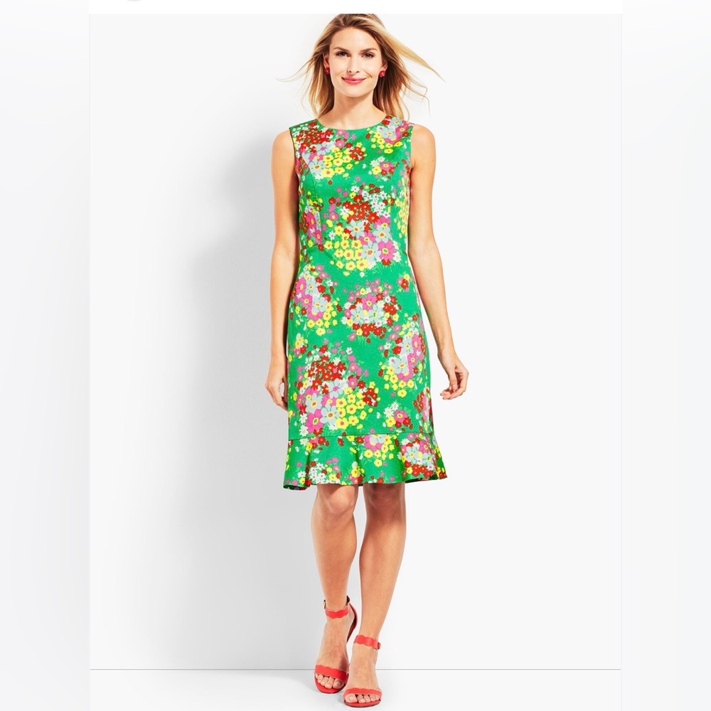 Talbots Springtime Green Floral Sleeveless Shift Dress Peplum Hem Size 2